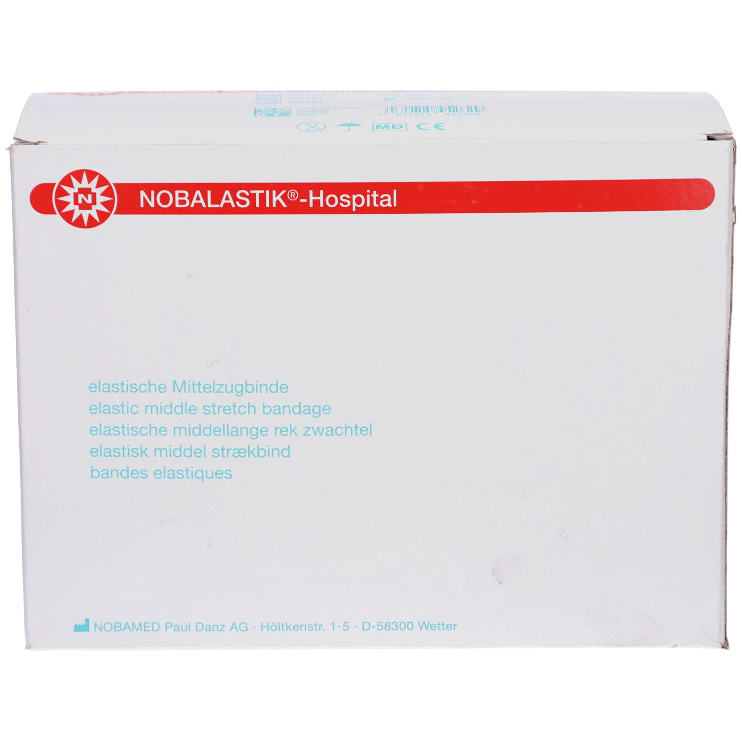 Weiße Verpackung mit roter Aufschrift NOBALASTIK®-Hospital. Text in mehreren Sprachen. Logo. Produktname und Hersteller.