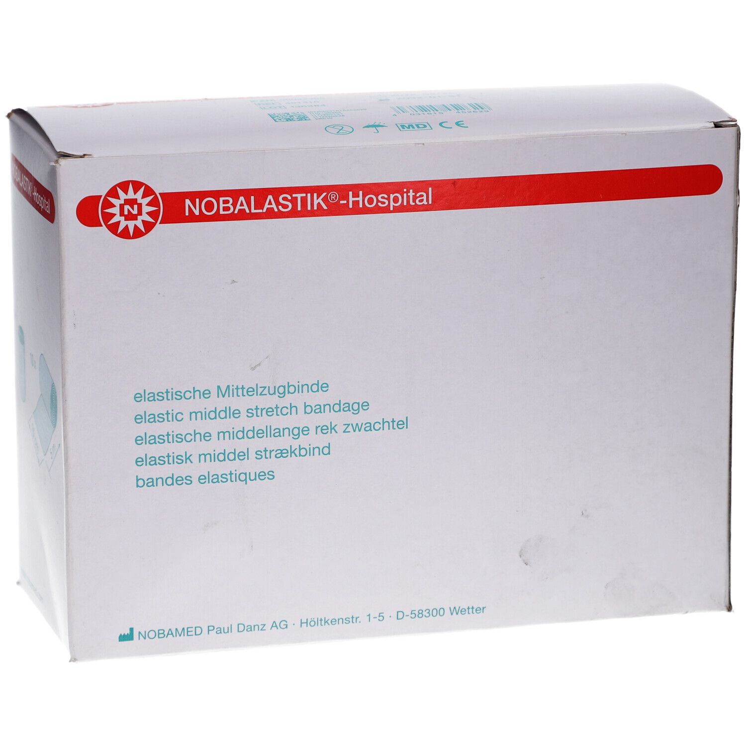 Weiße Verpackung mit roter Aufschrift NOBALASTIK-Hospital. Text: elastische Mittelzugbinde. Logo: roter Kreis mit N.