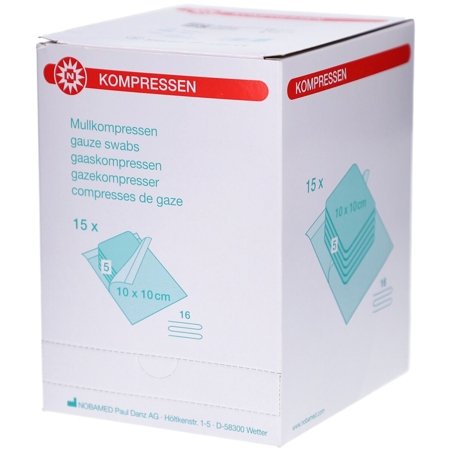 Verpackung mit Mullkompressen. Aufdruck: 15 Stück, 10 x 10 cm. Logo und Schriftzug: KOMPRESSEN.