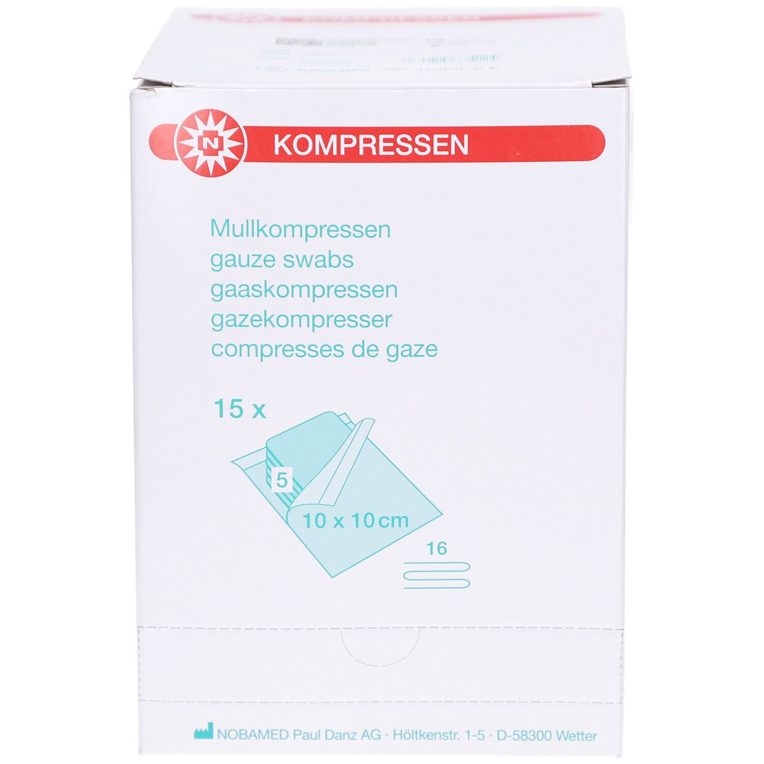 Verpackung mit Mullkompressen. Aufdruck: 15 Stück, 10 x 10 cm. Logo und Schriftzug: KOMPRESSEN.