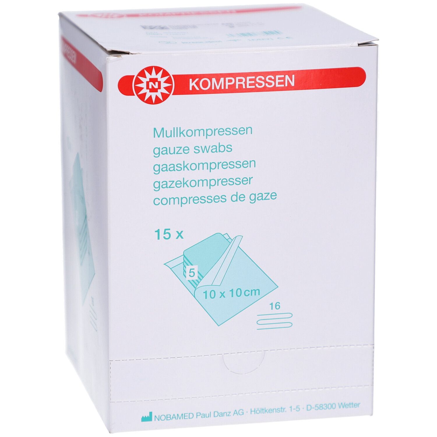 Verpackung mit Mullkompressen. Aufdruck: 15 Stück, 10 x 10 cm. Logo und Schriftzug: KOMPRESSEN.