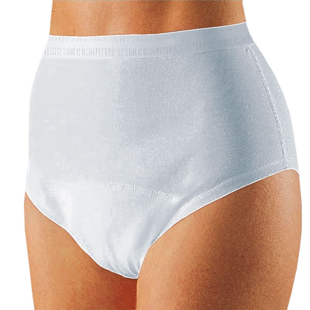 Weiße Schutzhose, hoher Bund, elastischer Abschluss. Gezeigt am Körper. Detailansicht.