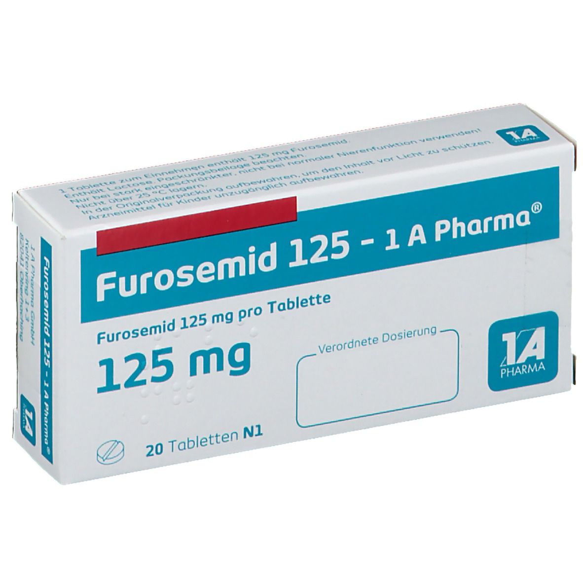 Schachtel Furosemid 125 - 1 A Pharma. Blaue und weiße Verpackung. Enthält 20 Tabletten. 125 mg pro Tablette.