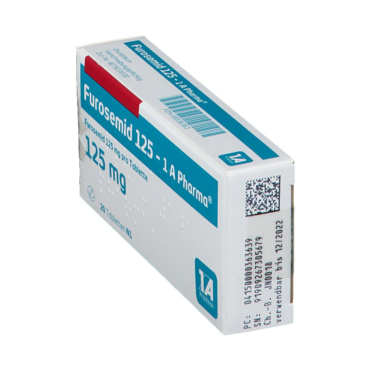 Schachtel Furosemid 125 - 1 A Pharma. Blaue und weiße Verpackung. Enthält 20 Tabletten. 125 mg pro Tablette. Seitenansicht.