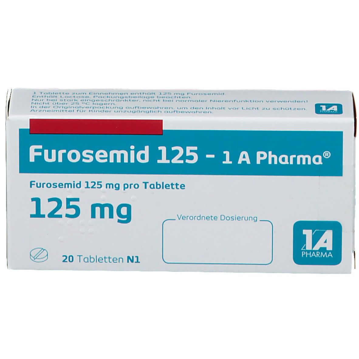 Schachtel Furosemid 125 - 1 A Pharma. Blaue und weiße Verpackung. Enthält 20 Tabletten. 125 mg pro Tablette.