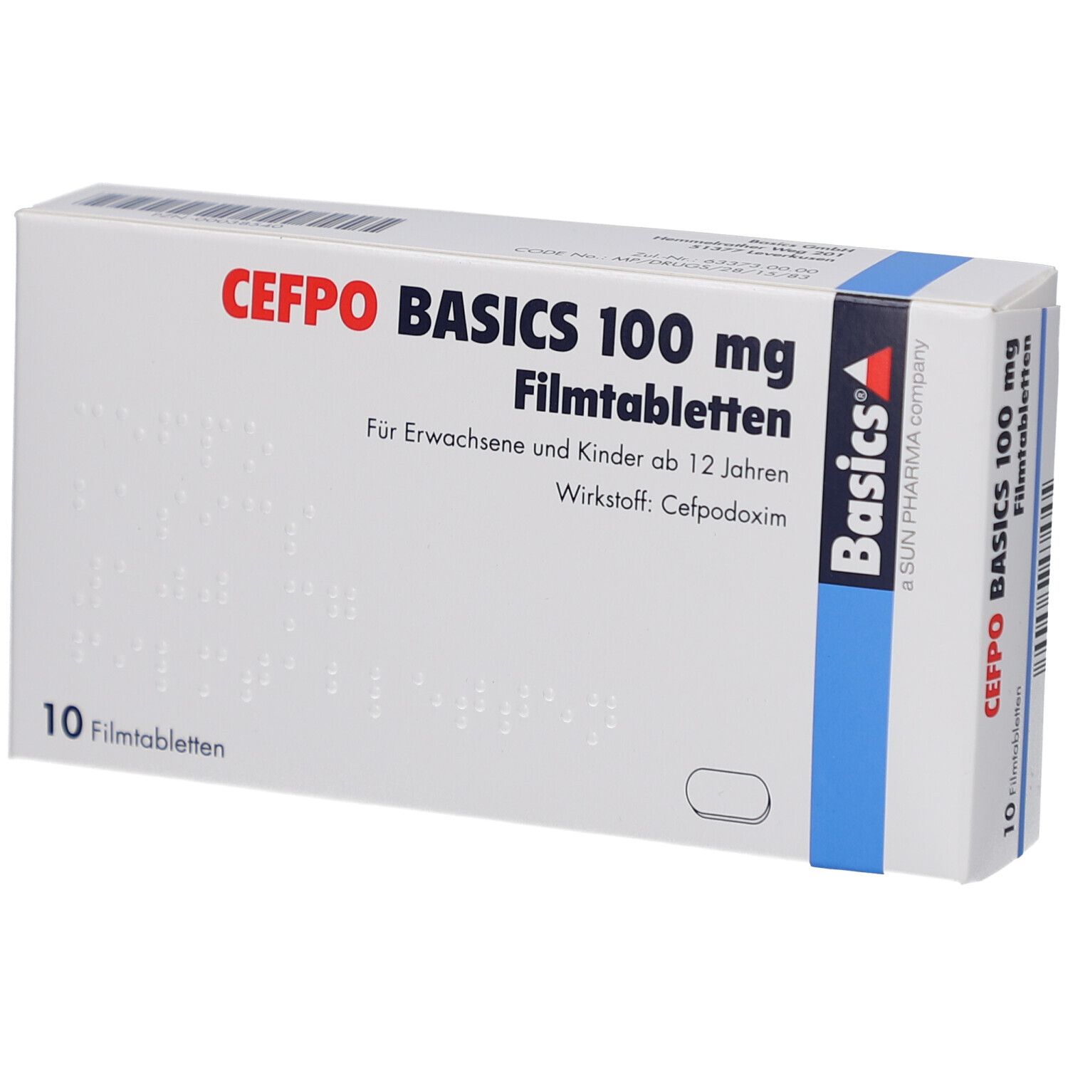 Schachtel mit CEFPO BASICS 100 mg Filmtabletten. Aufschrift: 10 Filmtabletten. Blaue und weiße Verpackung.