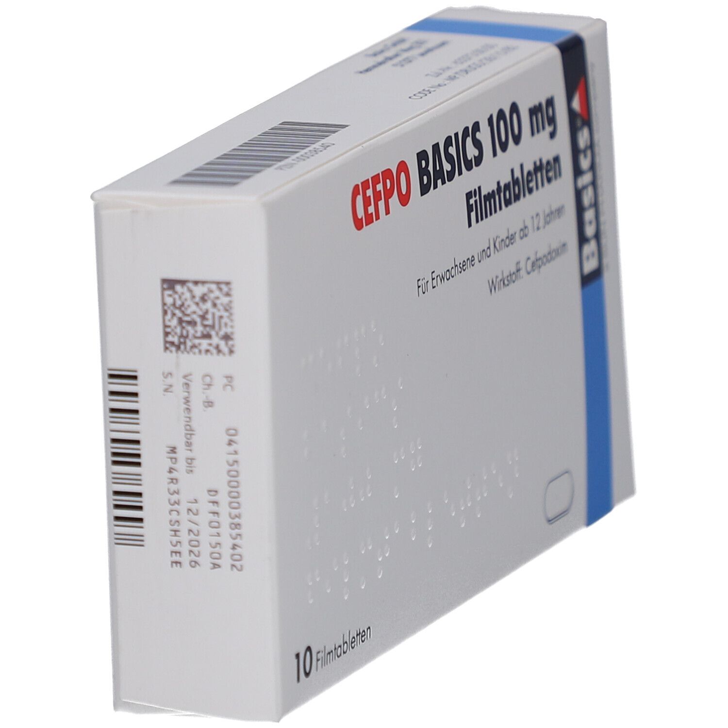 Schachtel CEFPO BASICS 100 mg, Seitenansicht. Blaue und weiße Verpackung. Aufschrift: 10 Filmtabletten.