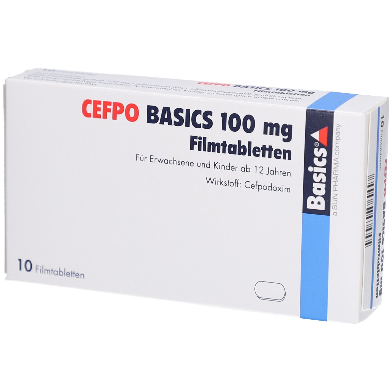 Schachtel mit CEFPO BASICS 100 mg Filmtabletten. Aufschrift: 10 Filmtabletten. Blaue und weiße Verpackung.