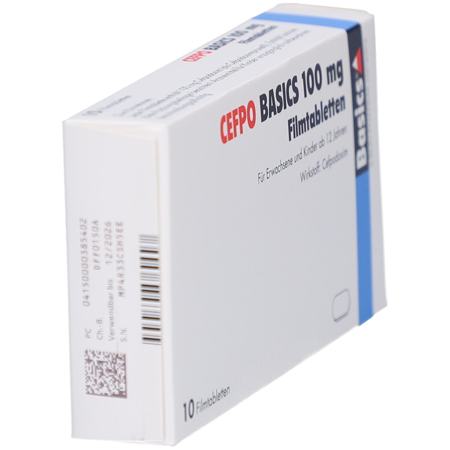 Schachtel CEFPO BASICS 100 mg, Seitenansicht. Blaue und weiße Verpackung. Aufschrift: 10 Filmtabletten.