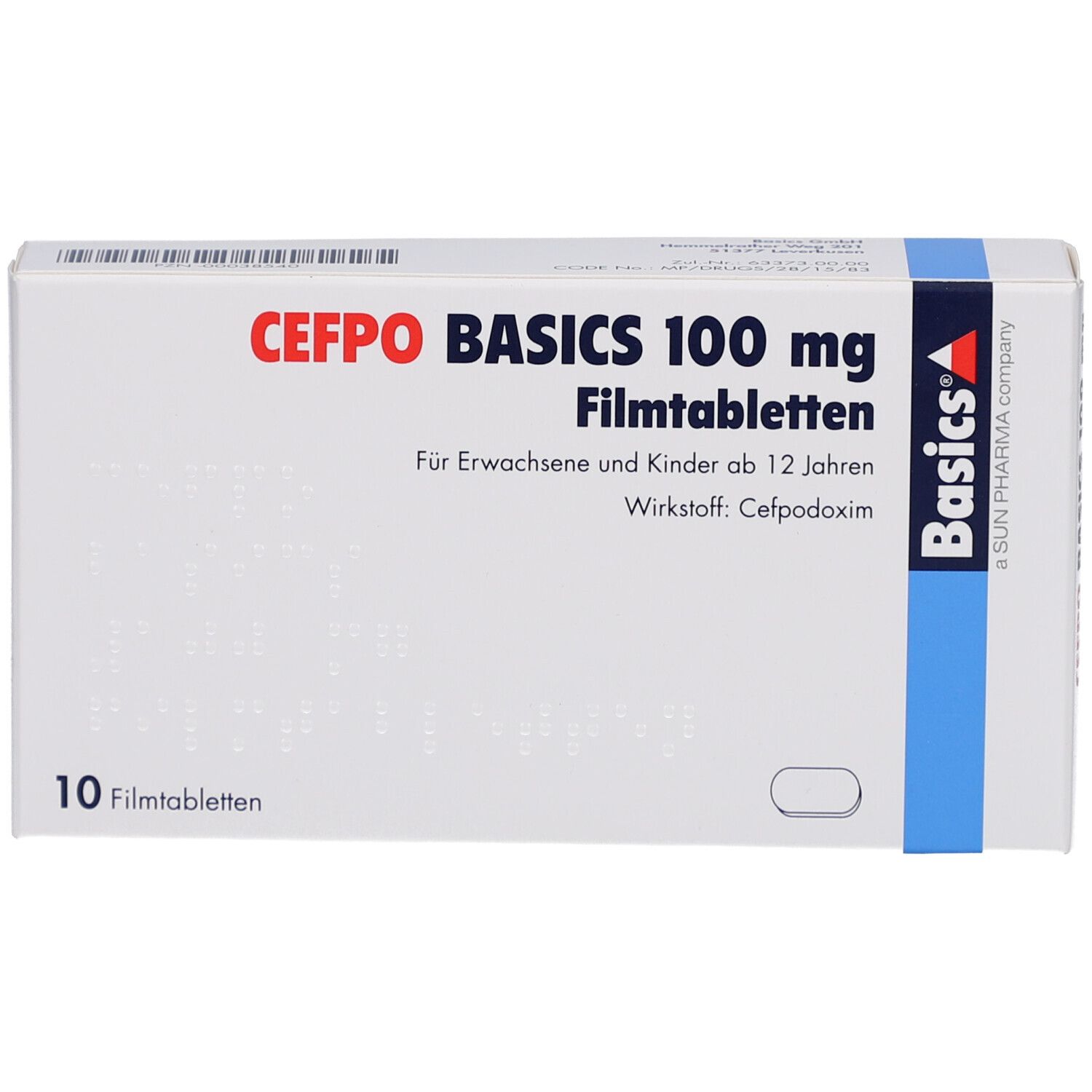 Schachtel mit CEFPO BASICS 100 mg Filmtabletten. Aufschrift: 10 Filmtabletten. Blaue und weiße Verpackung.