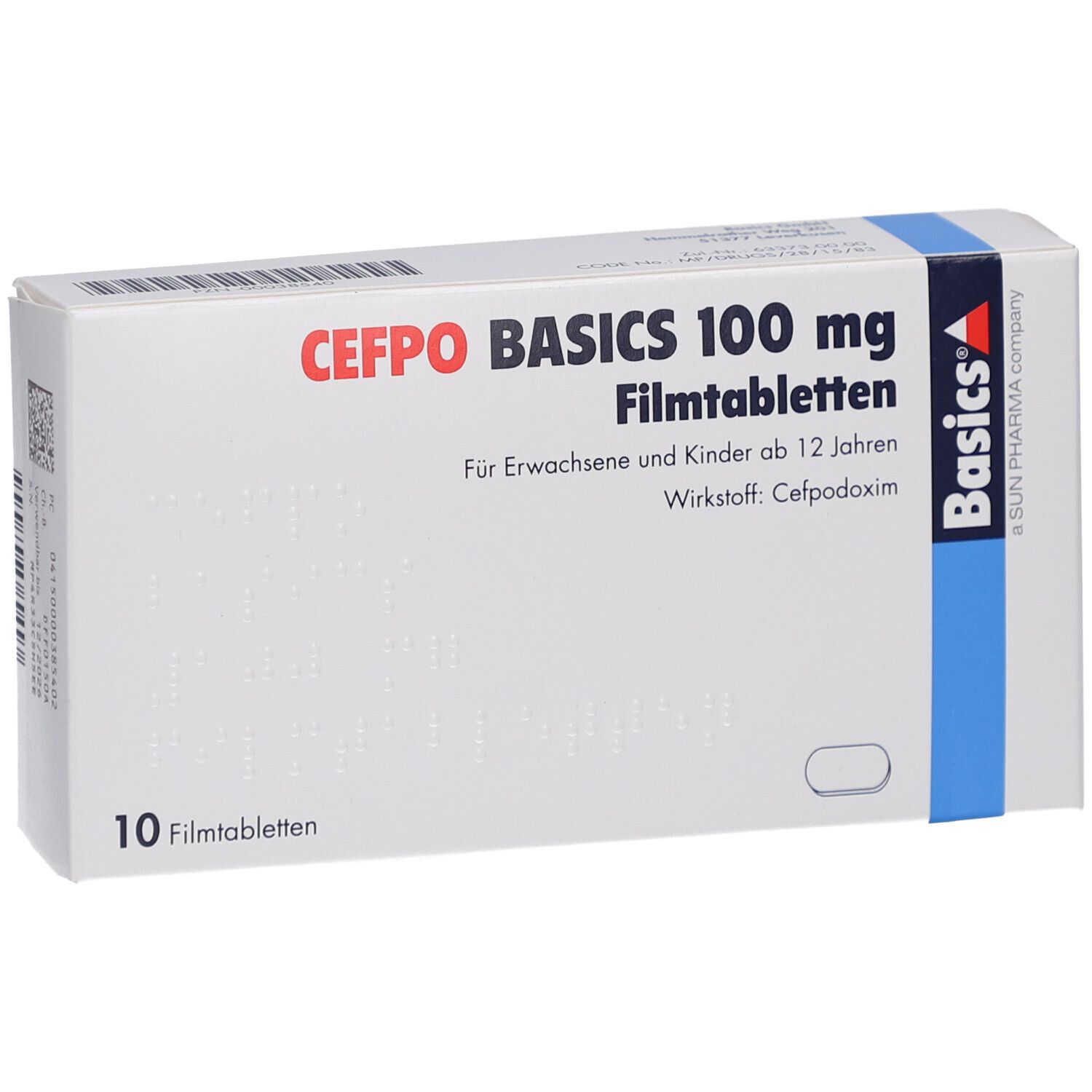 Schachtel mit CEFPO BASICS 100 mg Filmtabletten. Aufschrift: 10 Filmtabletten. Blaue und weiße Verpackung.