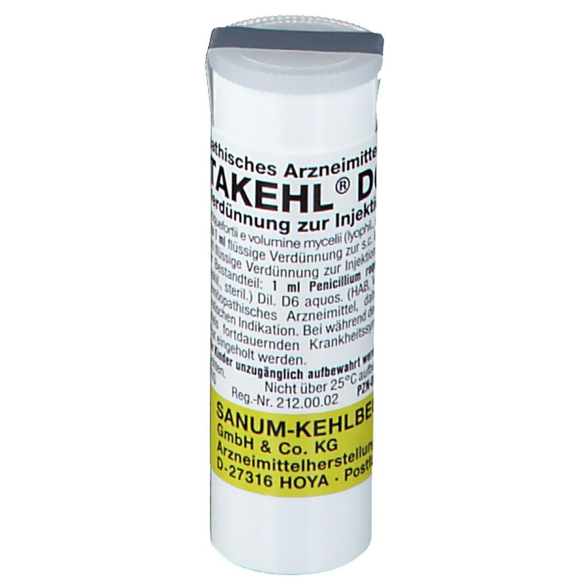 Zylindrische, weiße Verpackung mit grauem Deckel. Beschriftung: Fortakehl® D6 Ampullen. Gelber Aufkleber mit Text.