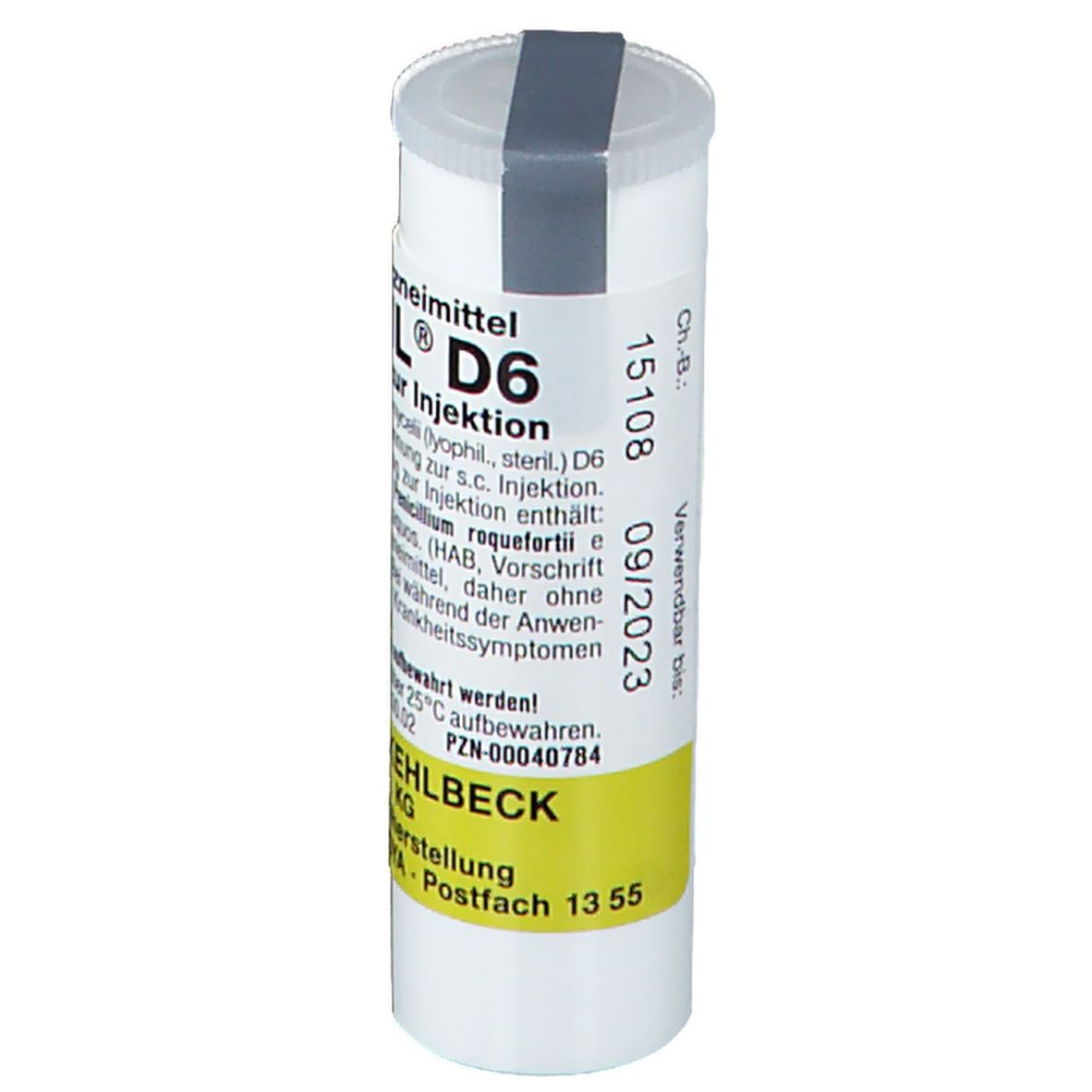 Zylindrische, weiße Verpackung mit grauem Deckel. Beschriftung: Fortakehl® D6 Ampullen. Gelber Aufkleber mit Text und Verfallsdatum.