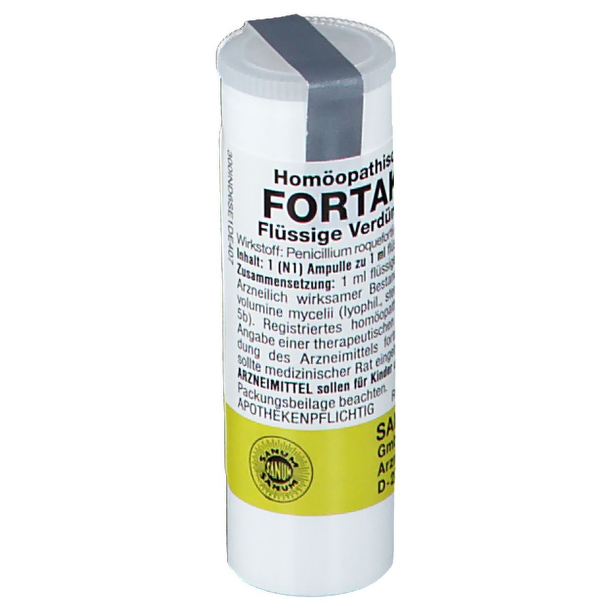 Weiße, zylindrische Verpackung mit grauem Deckel. Beschriftung: Fortakehl® Flüssige Verdünnung. Gelber Aufkleber mit Text.