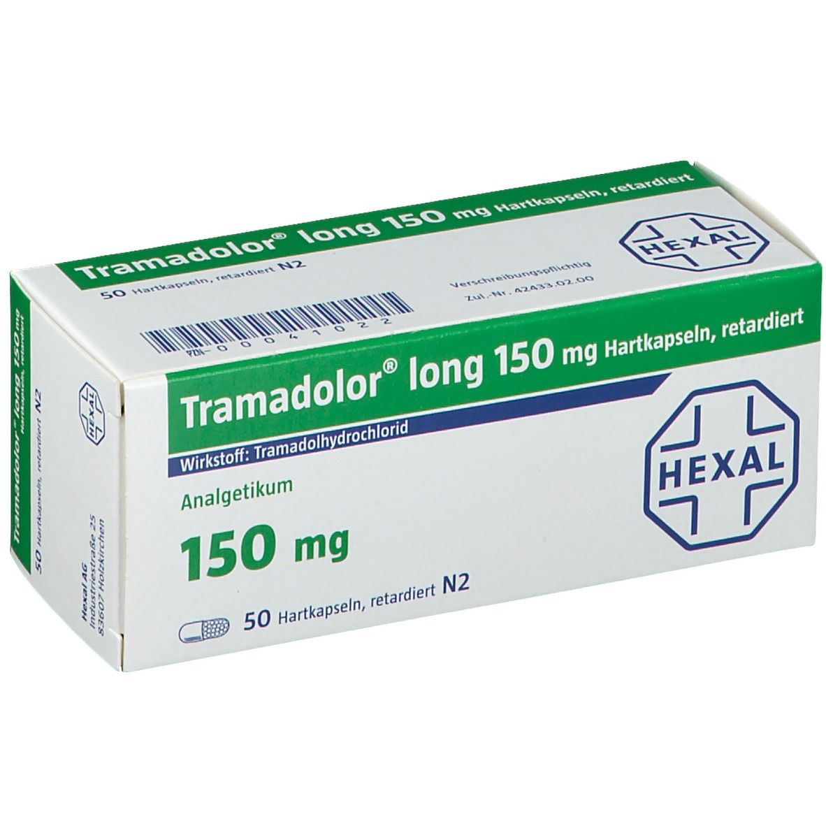 Schachtel mit Tramadolor long 150 mg Hartkapseln. Grün-weiße Verpackung mit Produktnamen und HEXAL-Logo.