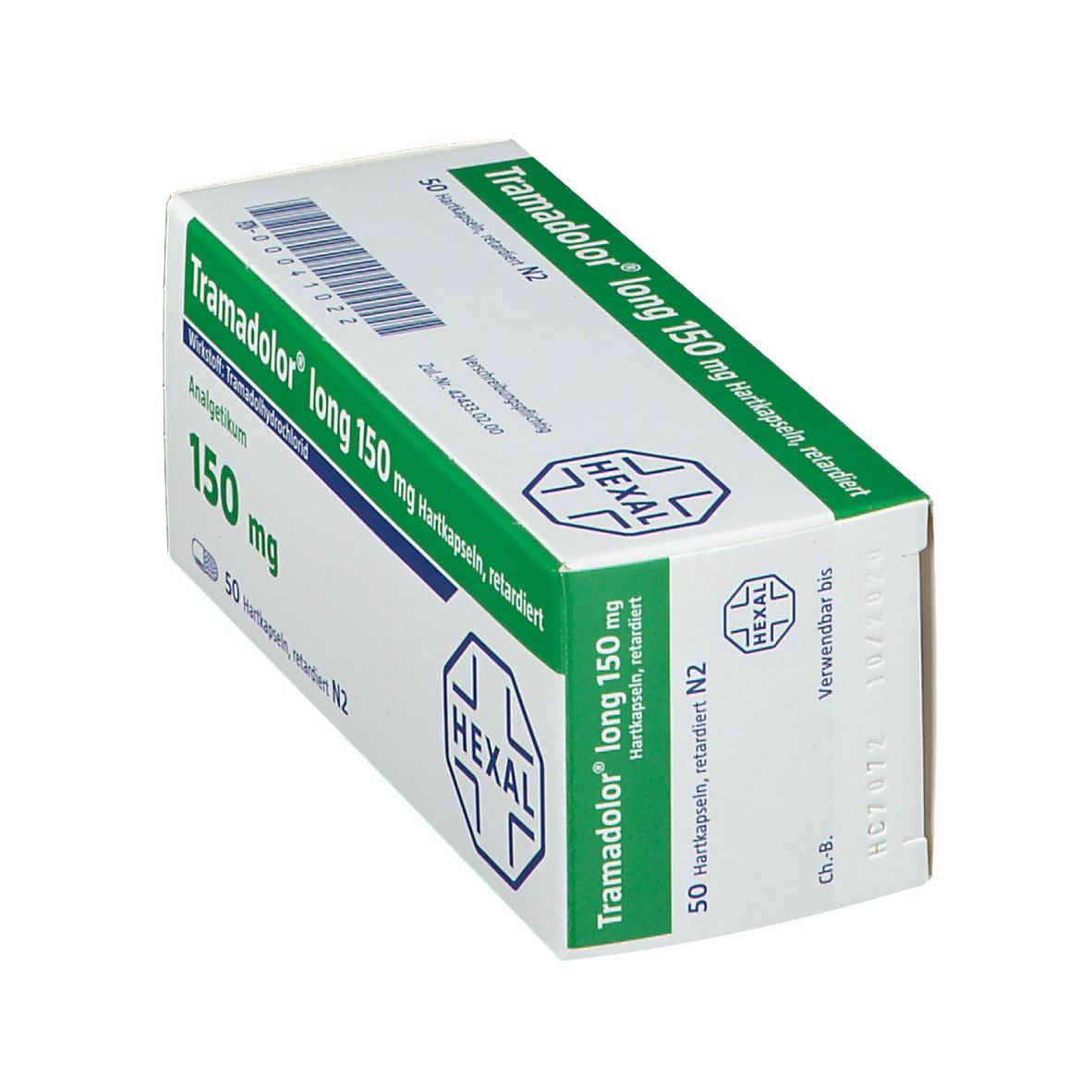 Schachtel Tramadolor long 150 mg Hartkapseln, schräg. Grün-weiße Verpackung mit Produktnamen und HEXAL-Logo.