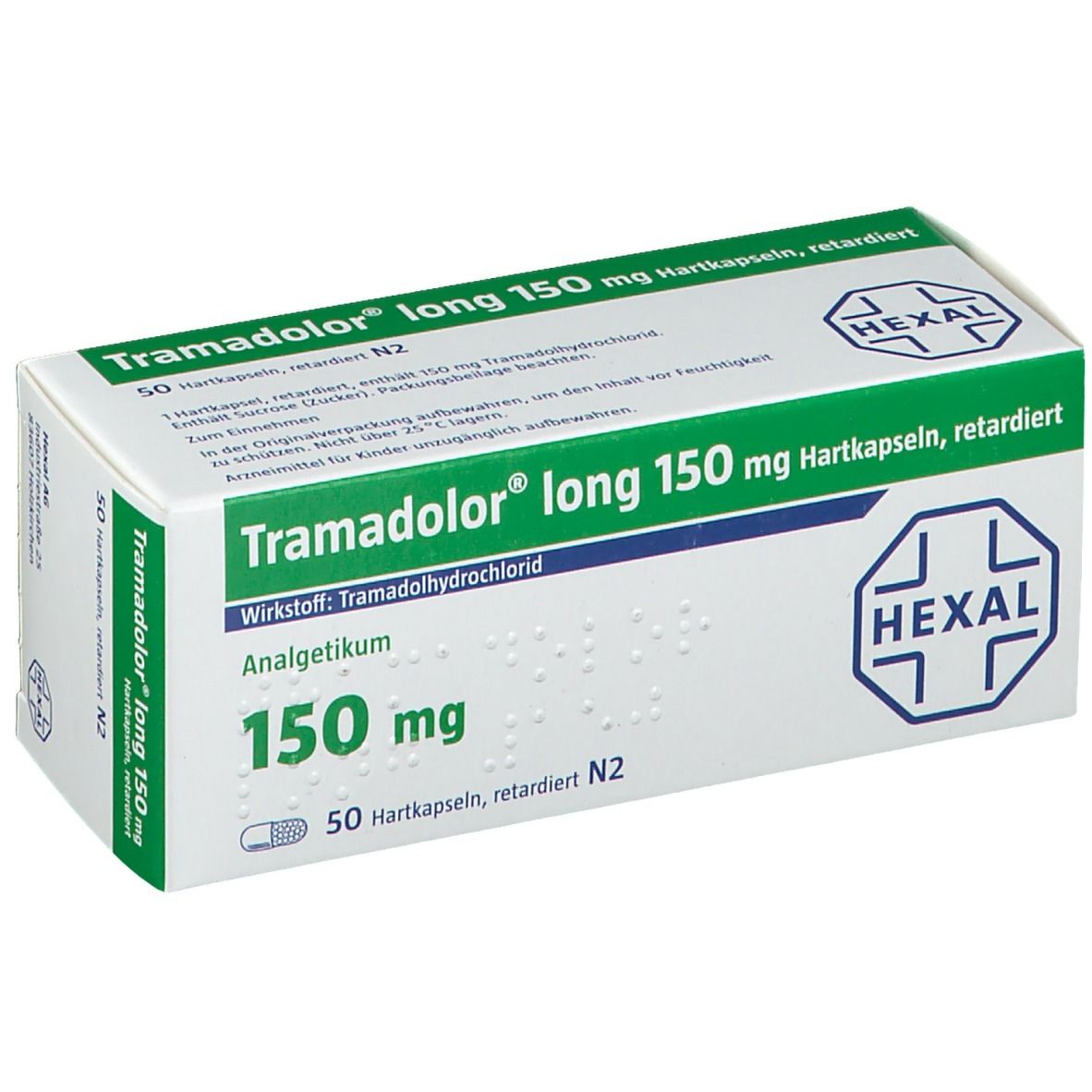 Schachtel mit Tramadolor long 150 mg Hartkapseln. Grün-weiße Verpackung mit Produktnamen und HEXAL-Logo.