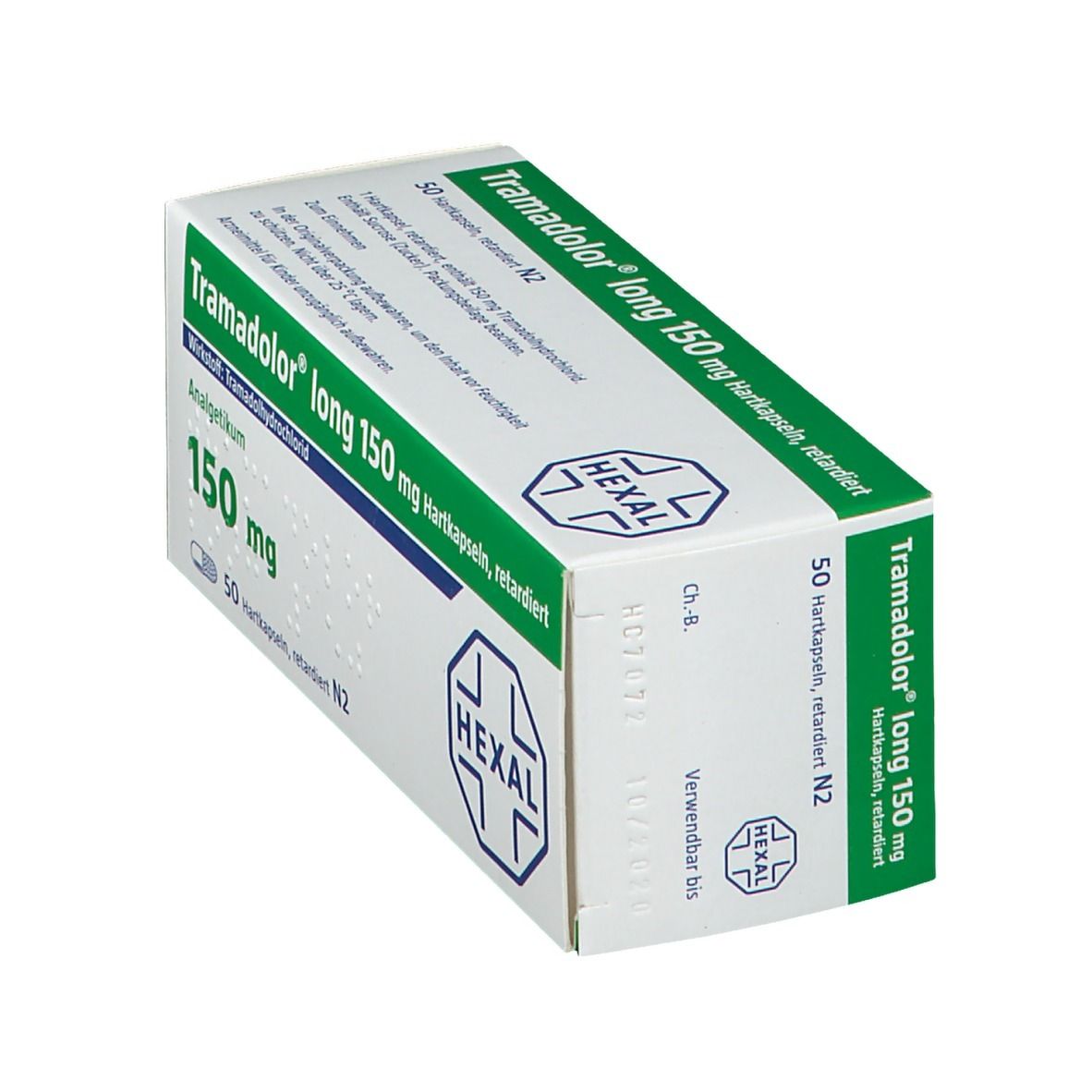 Schachtel Tramadolor long 150 mg Hartkapseln, schräg. Grün-weiße Verpackung mit Produktnamen und HEXAL-Logo.