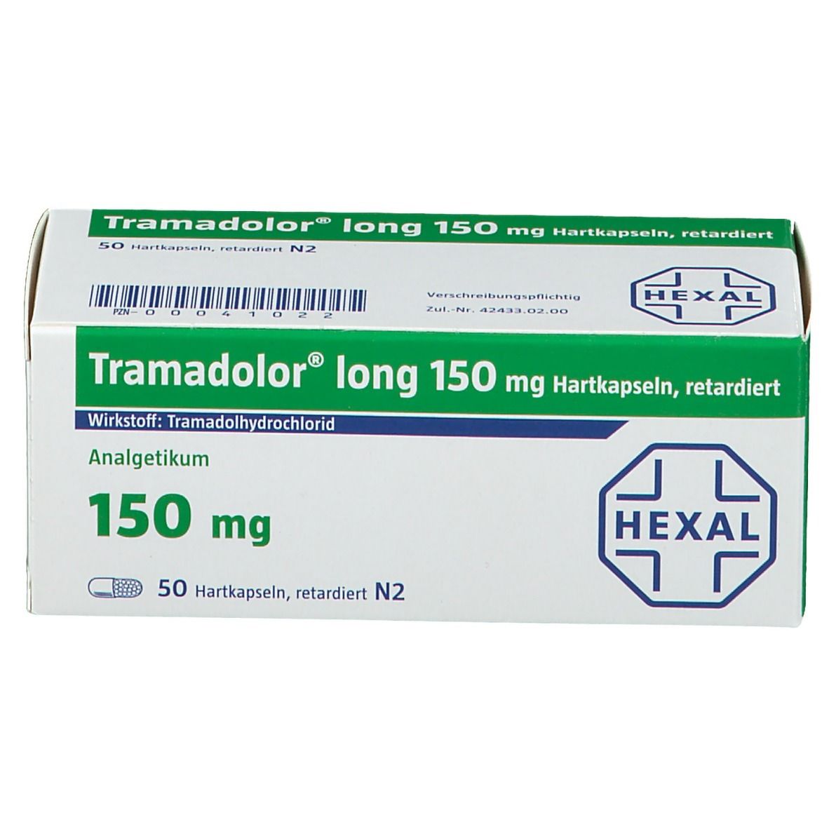 Schachtel mit Tramadolor long 150 mg Hartkapseln. Grün-weiße Verpackung mit Produktnamen und HEXAL-Logo.