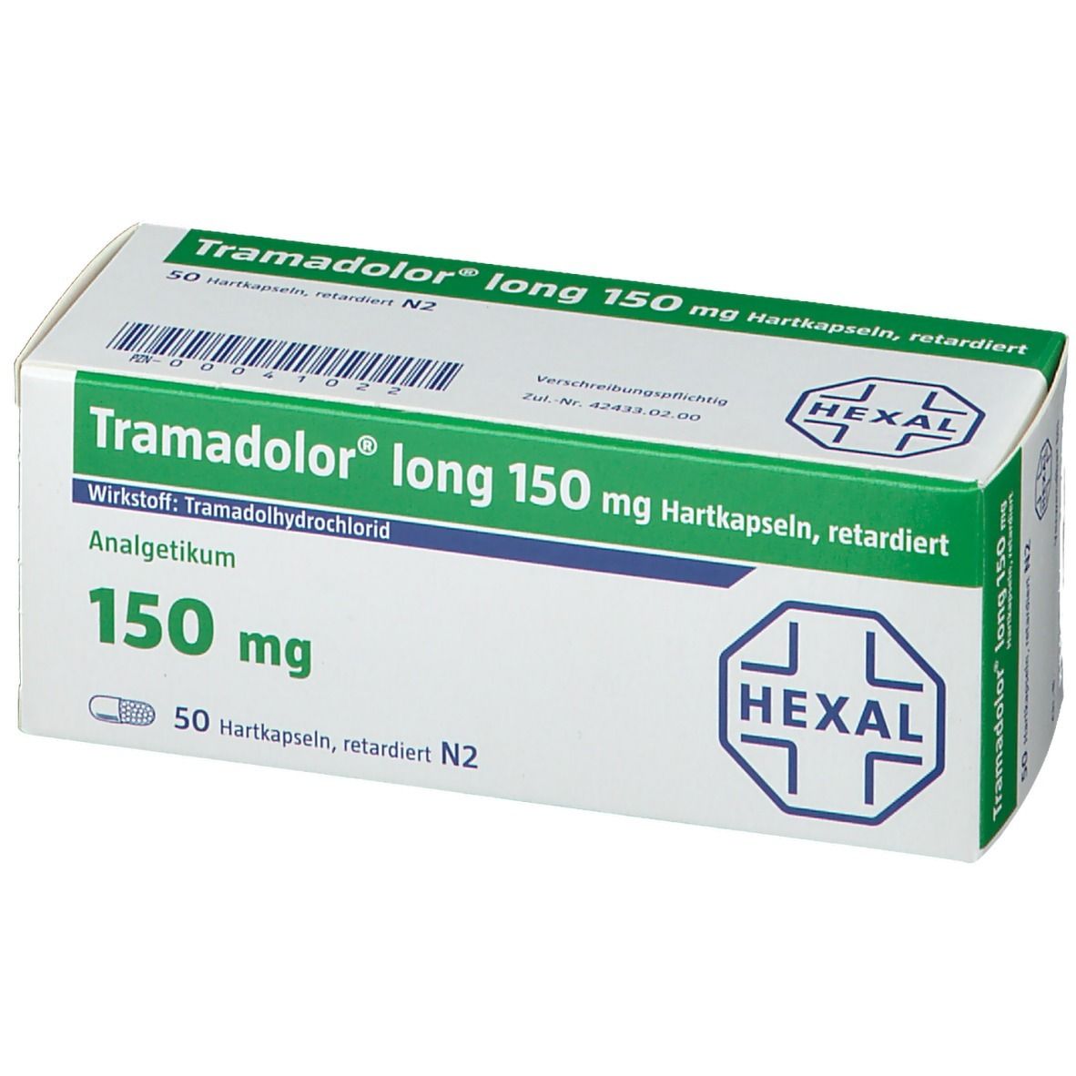 Schachtel mit Tramadolor long 150 mg Hartkapseln. Grün-weiße Verpackung mit Produktnamen und HEXAL-Logo.