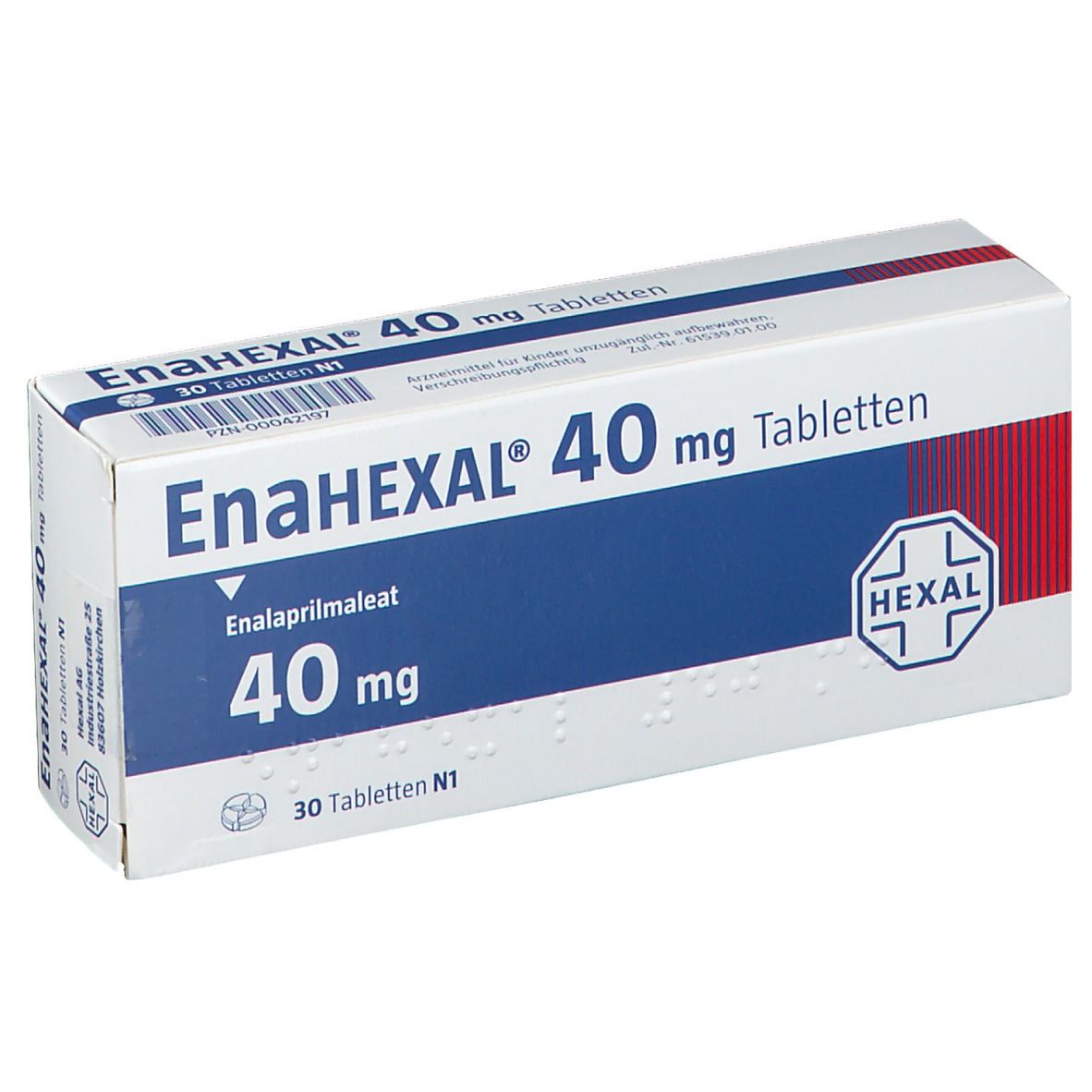 Schachtel EnaHEXAL 40 mg Tabletten. Blaue Schrift auf weißem Grund. Enthält 30 Tabletten. HEXAL Logo.