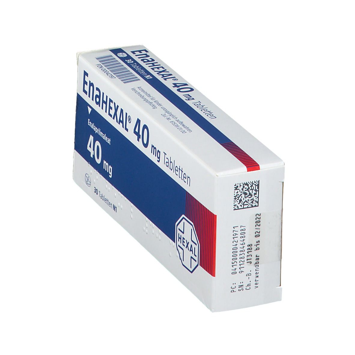Schachtel EnaHEXAL 40 mg Tabletten, schräg. Blaue Schrift auf weißem Grund. HEXAL Logo. Barcode und weitere Informationen.