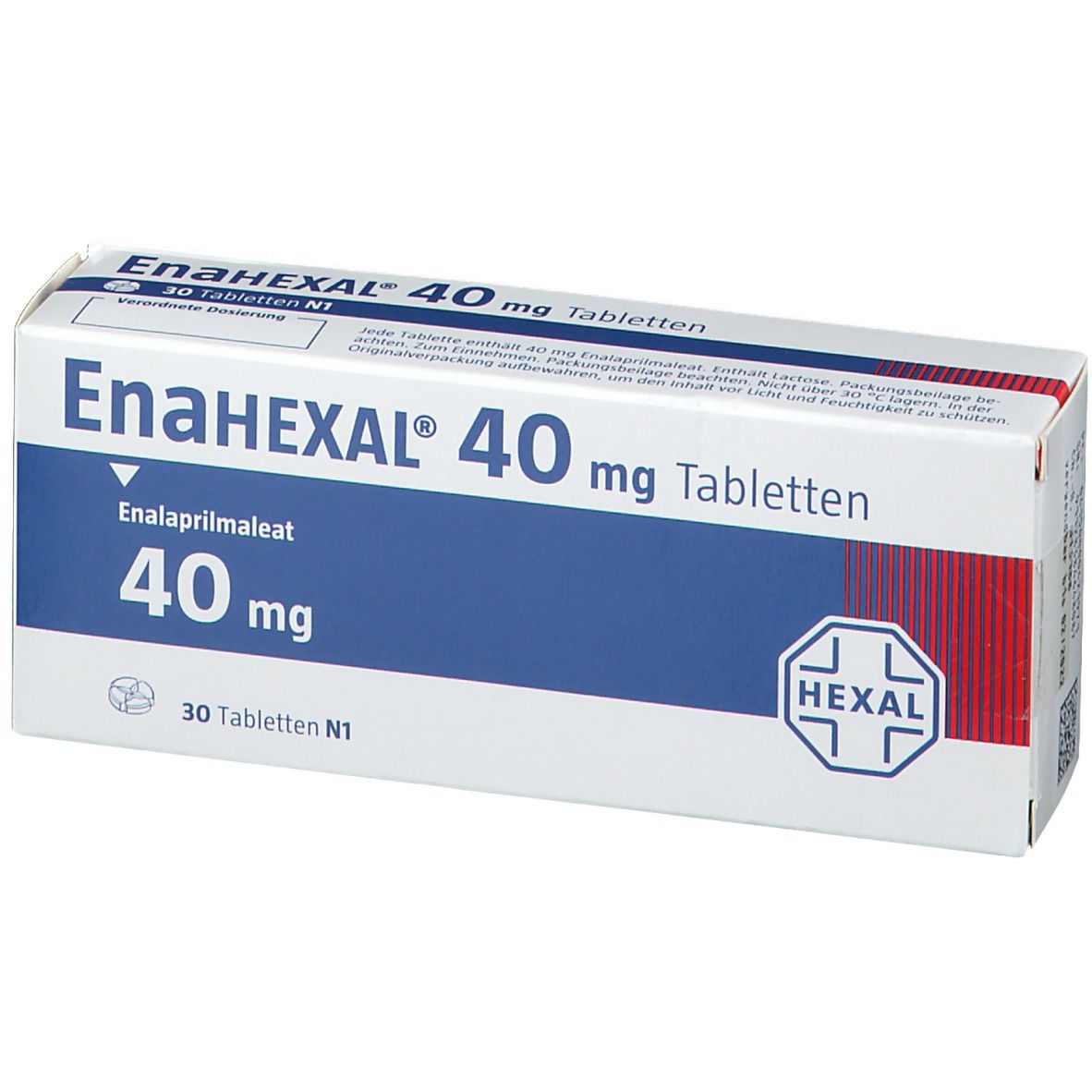 Schachtel EnaHEXAL 40 mg Tabletten. Blaue Schrift auf weißem Grund. Enthält 30 Tabletten. HEXAL Logo.