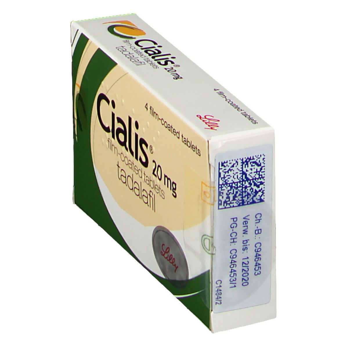 Seitenansicht der CIALIS 20 mg Schachtel. Zeigt Produktnamen, Logo und Chargeninformationen auf weißem Grund.