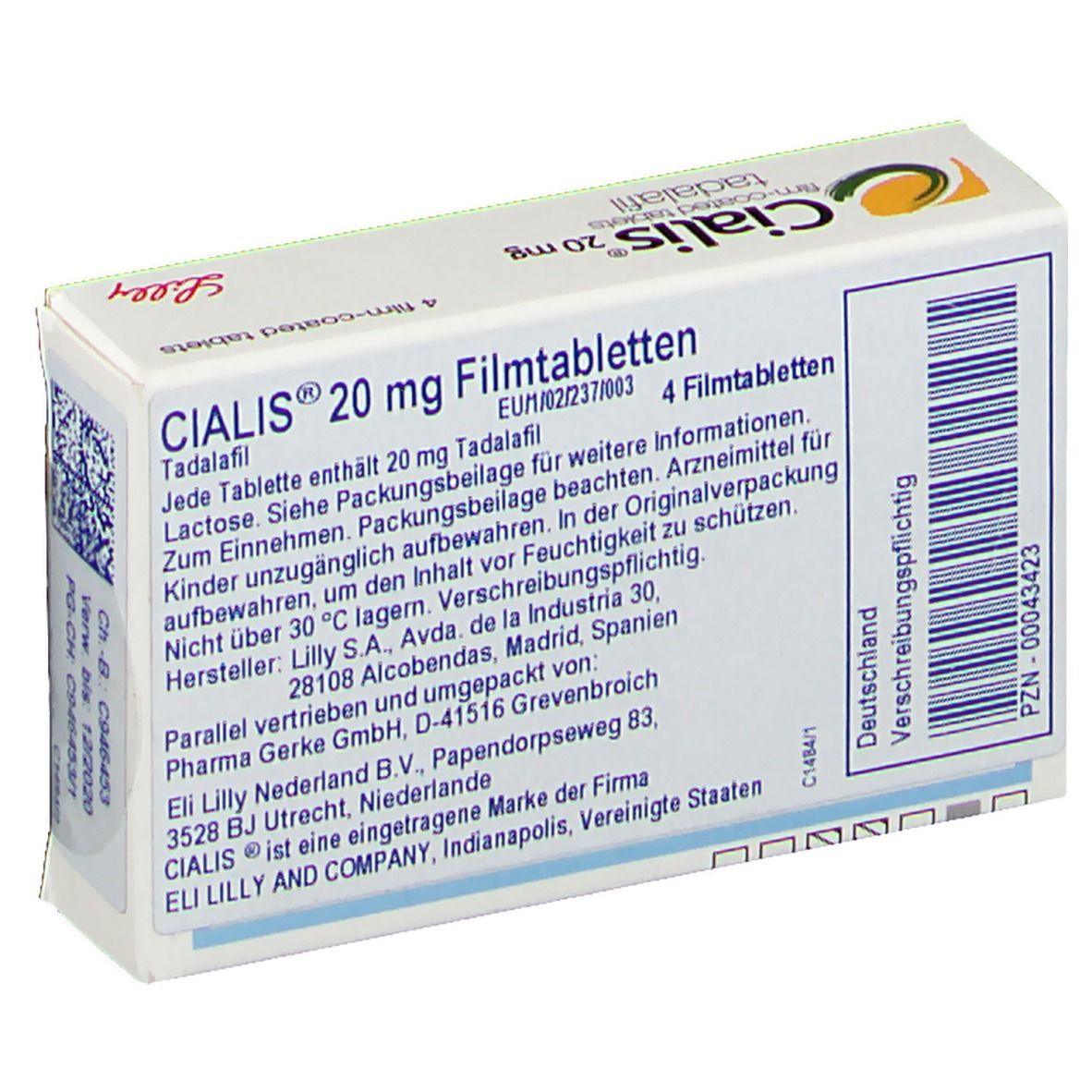 Rückseite der CIALIS 20 mg Schachtel. Enthält Textinformationen, Herstellerangaben und PZN-Nummer.