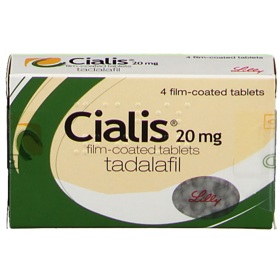 Vorderansicht der CIALIS 20 mg Schachtel. Zeigt Produktnamen, Logo und 4 Filmtabletten auf grün-weißem Grund.