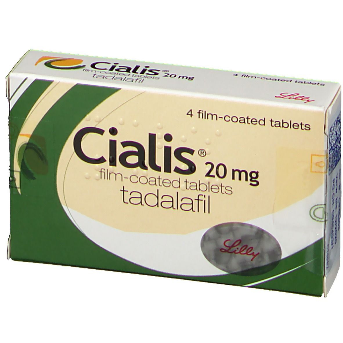 Vorderansicht der CIALIS 20 mg Schachtel. Zeigt Produktnamen, Logo und 4 Filmtabletten auf grün-weißem Grund.