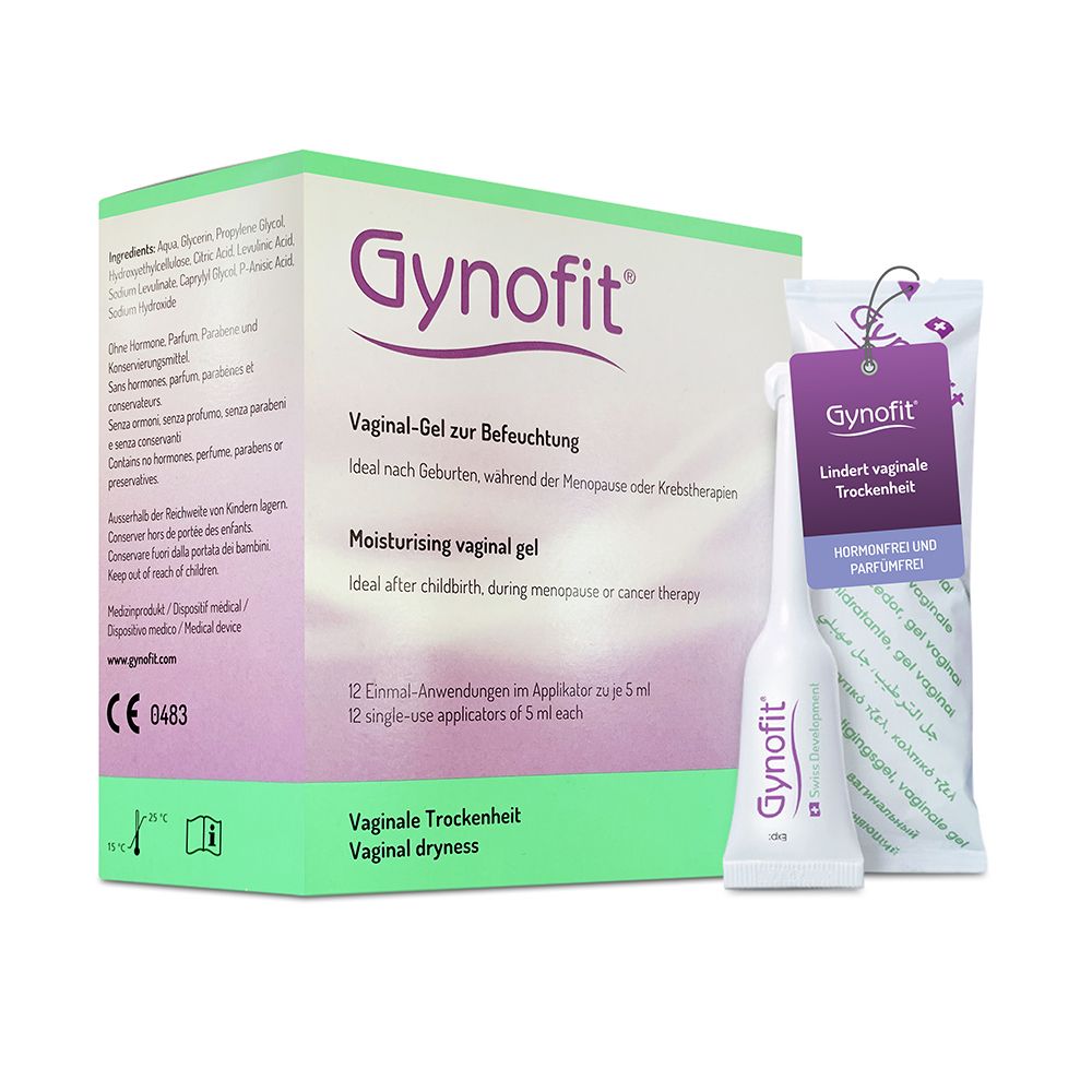 Gynofit Vaginal-Gel Packung mit 12 Einzelapplikatoren und einem einzelnen Applikator.