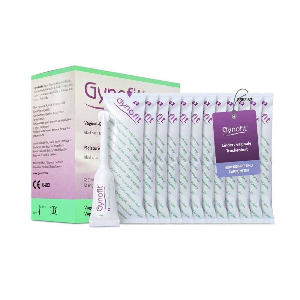 Gynofit-Packung mit 12 Applikatoren. Ein Applikator liegt daneben. Produktname und Informationen auf der Packung.