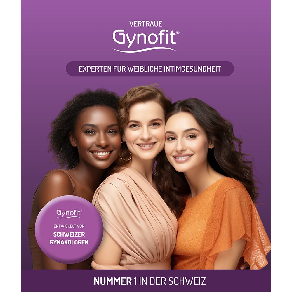 Gynofit: Drei lächelnde Frauen unterschiedlicher Ethnien. Slogan: Experten für weibliche Intimgesundheit.