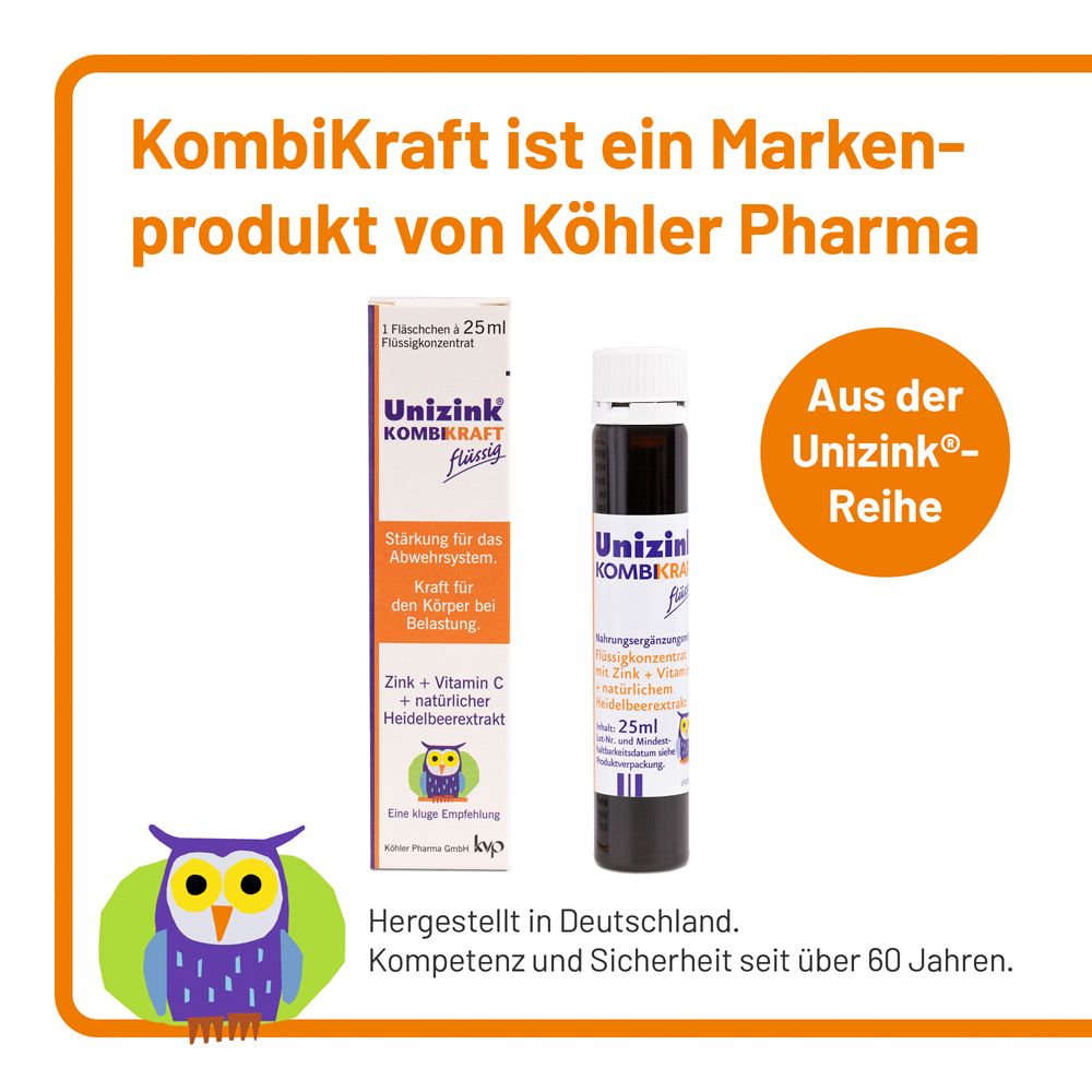 Unizink® KOMBIKRAFT flüssig. Produkt und Verpackung. Text: Markenprodukt von Köhler Pharma. Hergestellt in Deutschland.