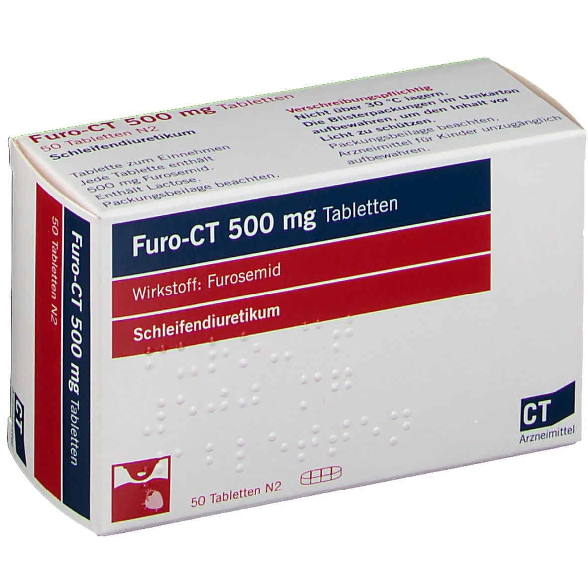 Furo-CT 500 mg Tabletten-Packung. Enthält 50 Tabletten. Aufschrift: Wirkstoff Furosemid, Schleifendiuretikum. CT Arzneimittel.
