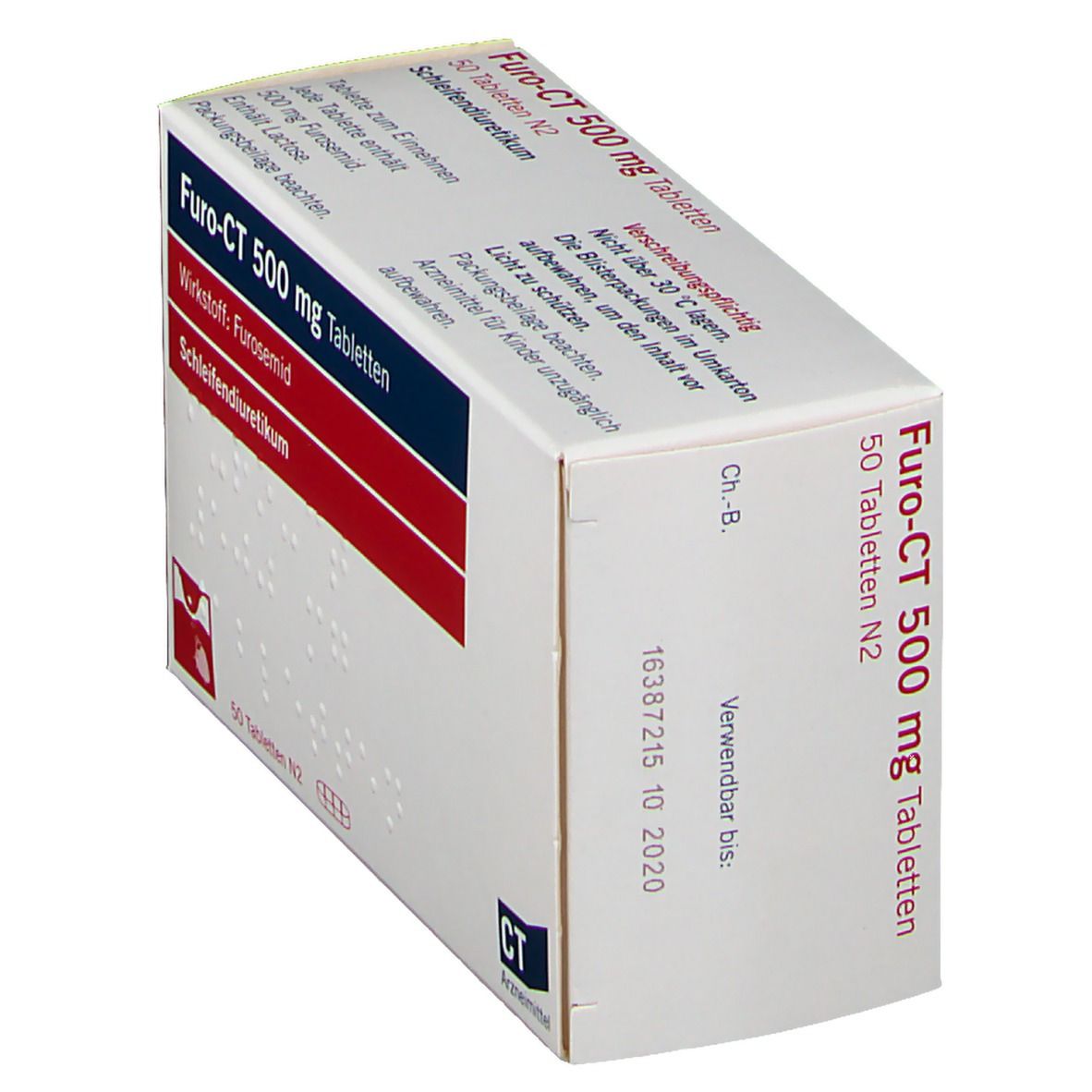 Furo-CT 500 mg Tabletten-Packung, schräg. Enthält 50 Tabletten. Aufschrift: Wirkstoff Furosemid, Schleifendiuretikum. CT Arzneimittel.