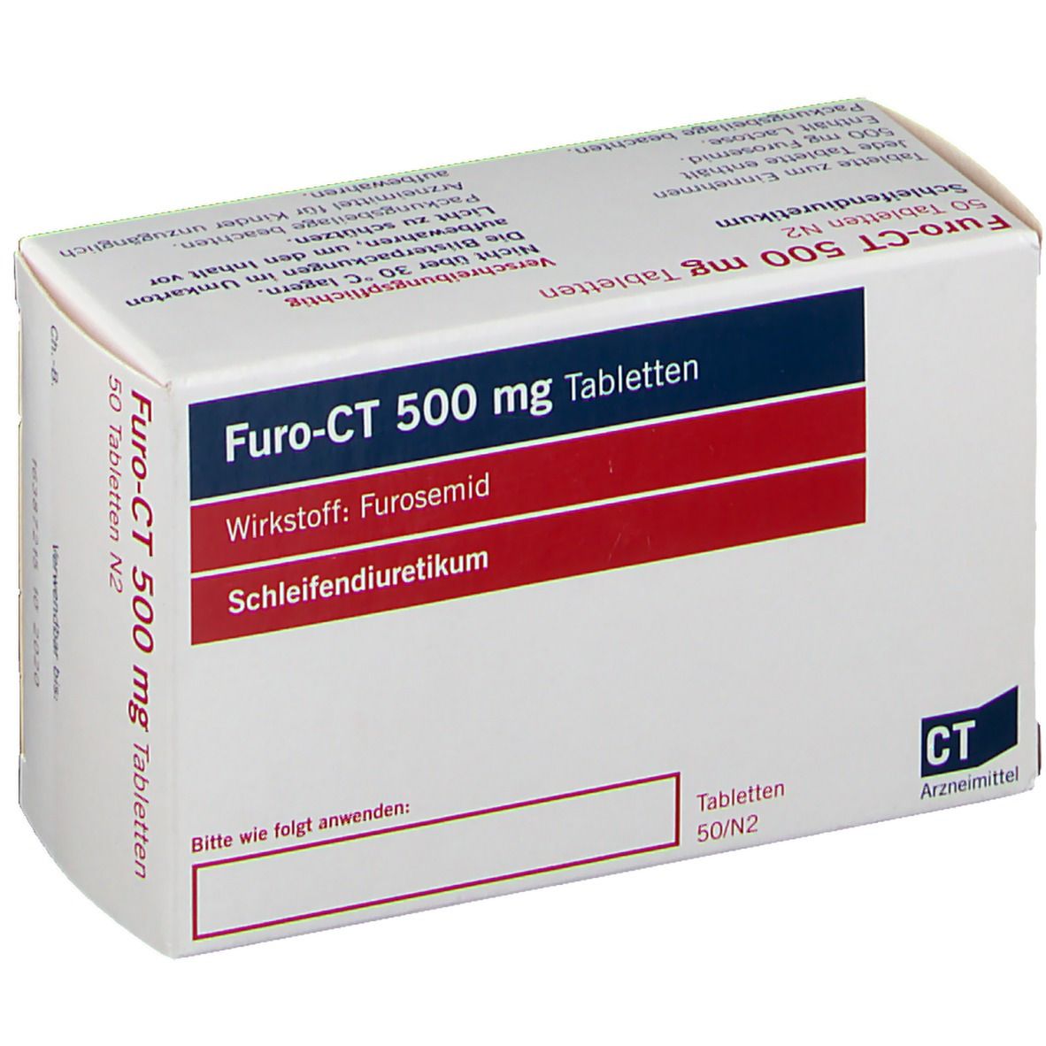 Furo-CT 500 mg Tabletten-Packung. Enthält 50 Tabletten. Aufschrift: Wirkstoff Furosemid, Schleifendiuretikum. CT Arzneimittel.