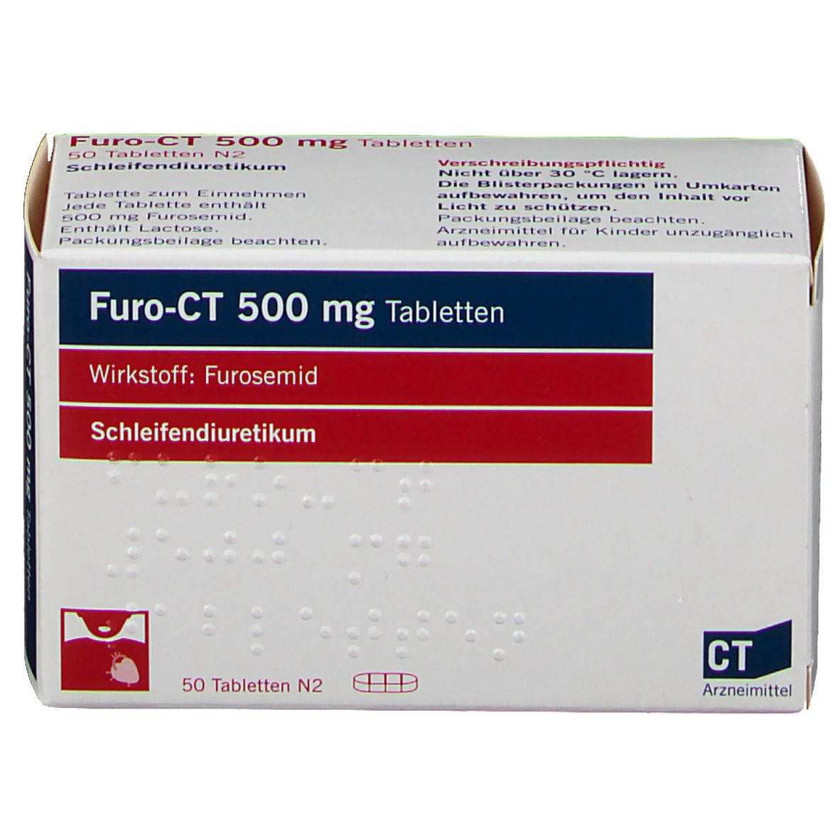 Furo-CT 500 mg Tabletten-Packung. Enthält 50 Tabletten. Aufschrift: Wirkstoff Furosemid, Schleifendiuretikum. CT Arzneimittel.