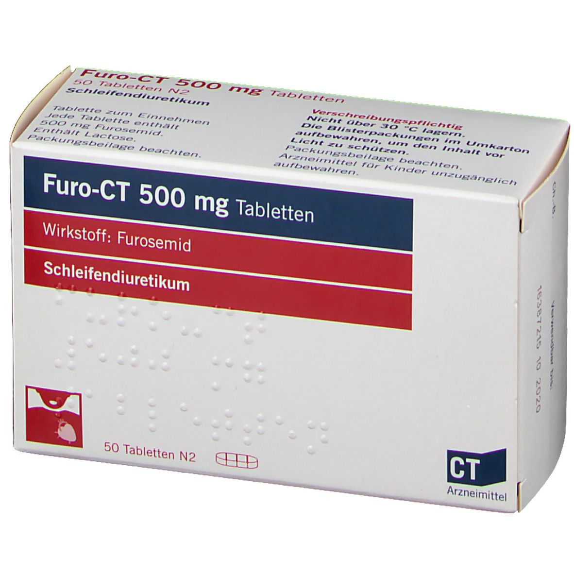 Furo-CT 500 mg Tabletten-Packung. Enthält 50 Tabletten. Aufschrift: Wirkstoff Furosemid, Schleifendiuretikum. CT Arzneimittel.