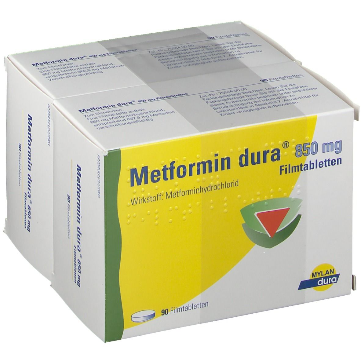 Verpackung von Metformin dura 850 mg Filmtabletten. Gelber Hintergrund mit Produktnamen und Dosierung. 90 Filmtabletten.
