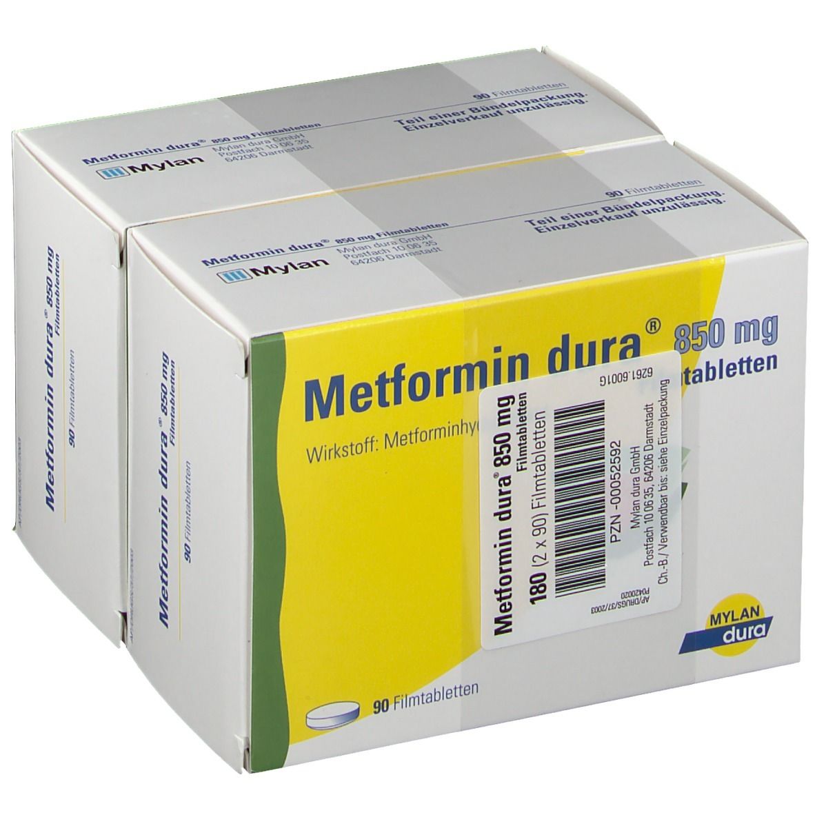 Zwei Packungen Metformin dura 850 mg Filmtabletten. Gelber Hintergrund mit Produktnamen und Dosierung. 180 Filmtabletten.