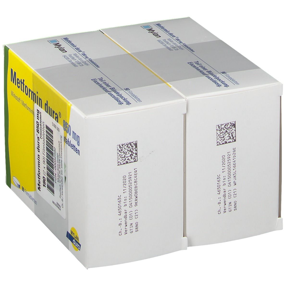 Zwei Packungen Metformin dura 850 mg Filmtabletten. Rückseite mit Barcodes und Chargennummern. 180 Filmtabletten.