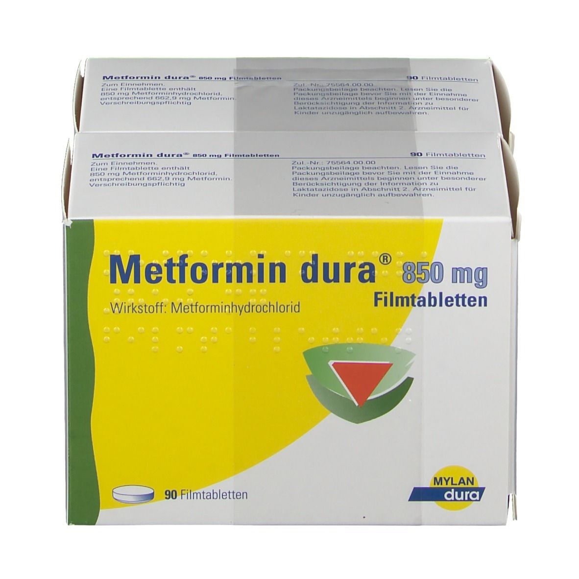 Verpackung von Metformin dura 850 mg Filmtabletten. Gelber Hintergrund mit Produktnamen und Dosierung. 90 Filmtabletten.