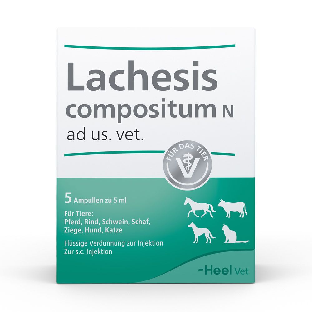 Verpackung von Lachesis compositum N ad us. vet. mit 5 Ampullen. Grün-weiße Schachtel mit Tier-Symbolen und Heel Vet Logo.