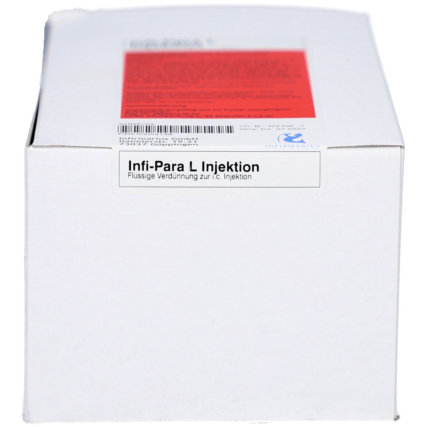 Weiße Schachtel von Infi-Para L Injektion. Rotes Etikett mit Text. Produktname und Herstellerinformationen sind sichtbar.