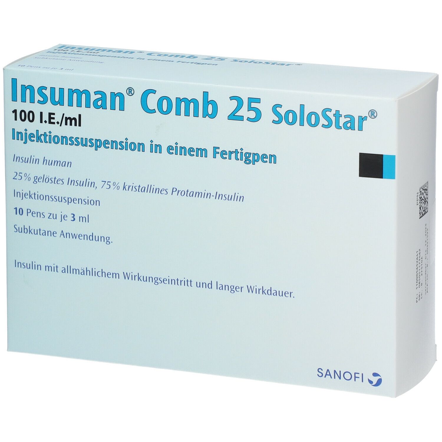 Weiße Verpackung mit Produktnamen und Informationen. Blaue und schwarze Akzente. Sanofi-Logo.