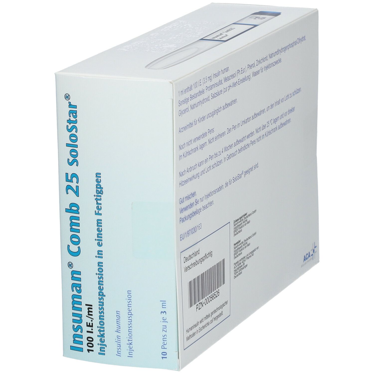 Schräg gestellte weiße Verpackung mit Text und Barcode. ACA-Logo.