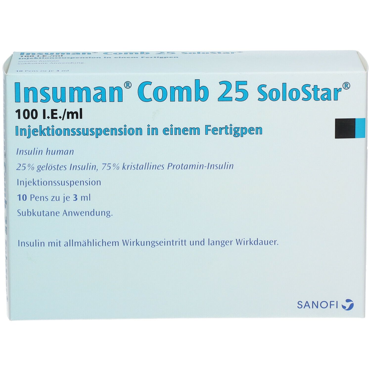 Weiße Verpackung mit Produktnamen und Informationen. Blaue und schwarze Akzente.