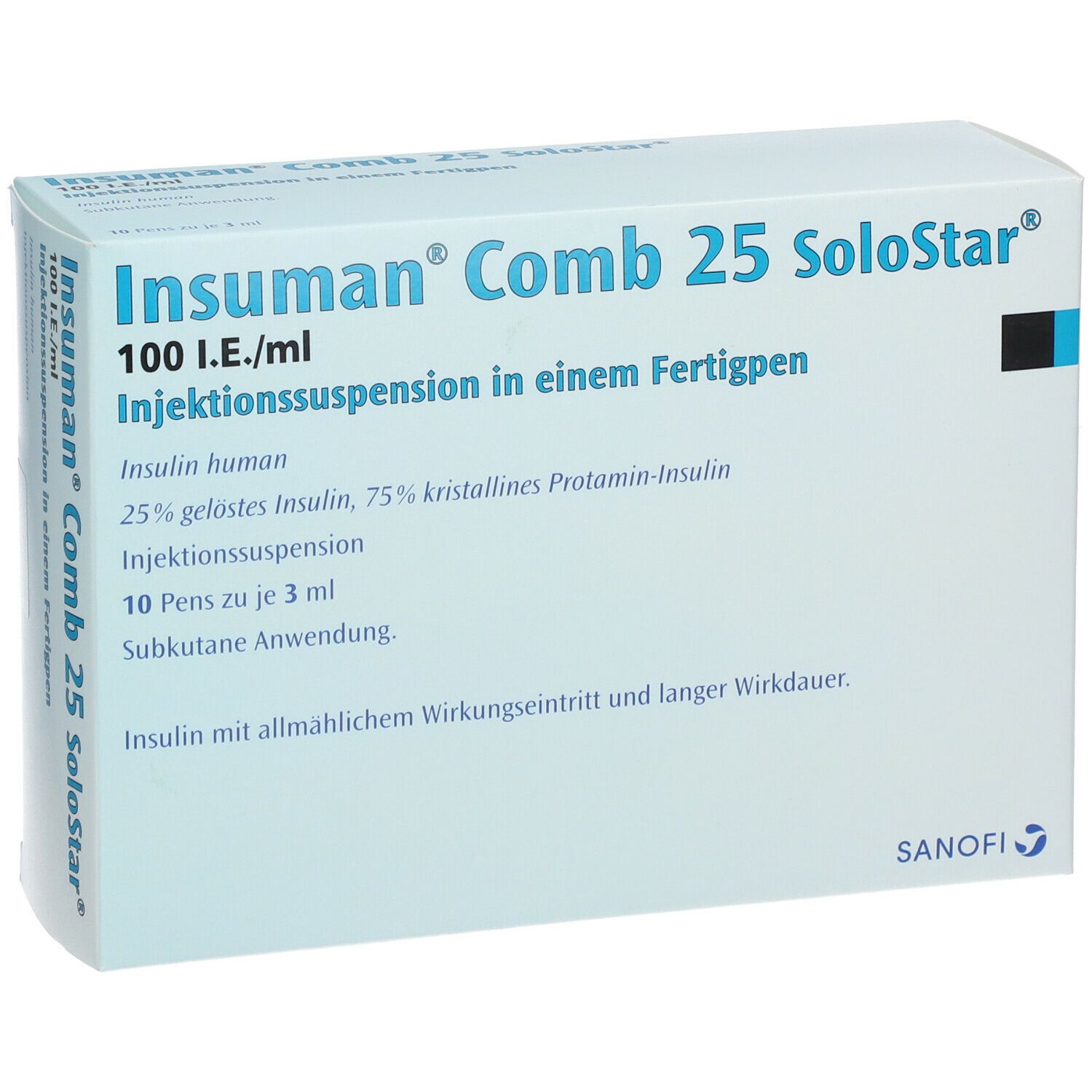 Weiße Verpackung mit Produktnamen und Informationen. Blaue und schwarze Akzente. Sanofi-Logo.